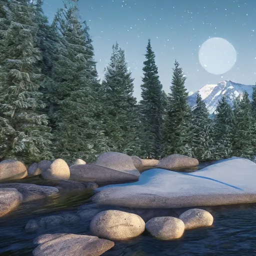 Image similar to « mountain in the background with snow on the top of it, a river in the middle ground, trees, a bear near a tree, glowing light, photorealistic, unreal engine 5, sharp focus, some rocks in the river, some birds in the sky, and a small woody house on the right far »