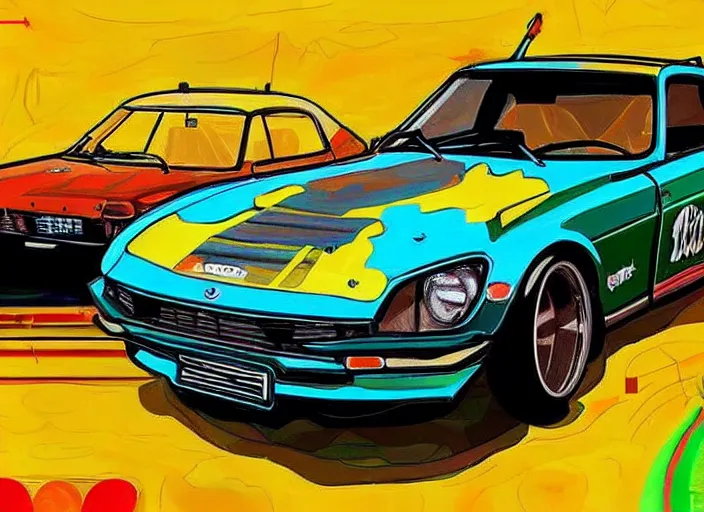 Image similar to a datsun 2 4 0 z in the art style of agam, yaacov