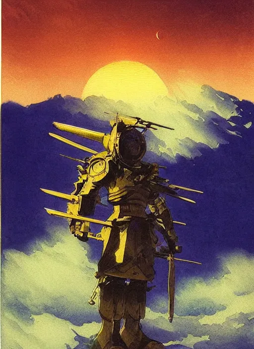Image similar to vintage anime cinematic robot warrior with helmet emerging from moonlit tsunami wave by Ivan Aivazovsky, watercolor concept art by Syd Mead, by william herbert dunton, watercolor strokes, japanese woodblock, by Jean Giraud
