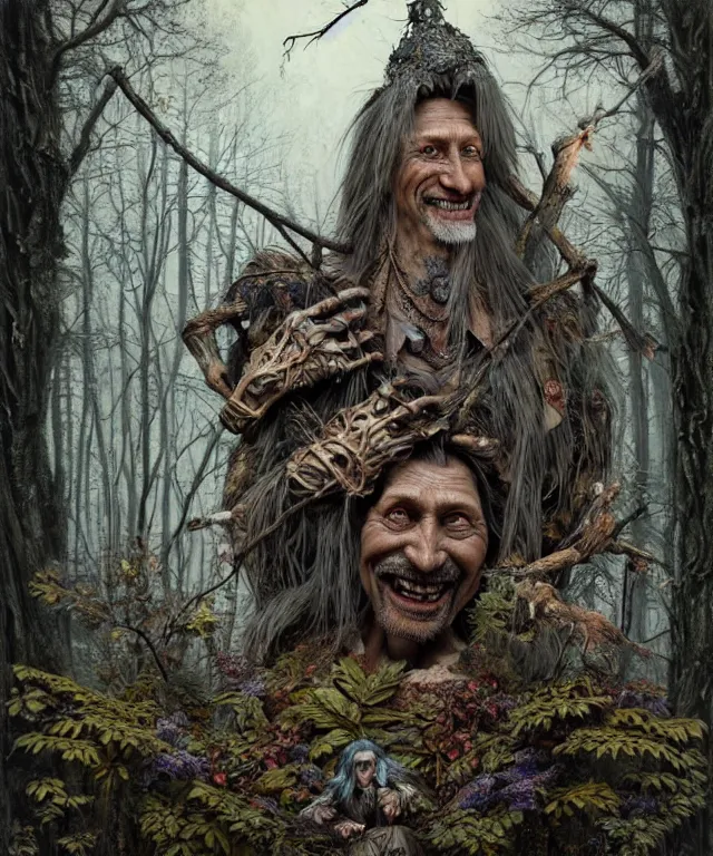 Image similar to hyperrealistic mixed media painting of a Male Baba Yaga in the woods staring at you creepily and smiling, stunning 3d render inspired art by P. Craig Russell and Barry Windsor-Smith + perfect facial symmetry + dim volumetric lighting, ornate gothic silver platemail, dizzy, full body, 8k octane beautifully detailed render, post-processing, extremely hyperdetailed, intricate, epic composition, grim yet sparkling atmosphere, cinematic lighting + masterpiece, trending on artstation, very very detailed, masterpiece, stunning