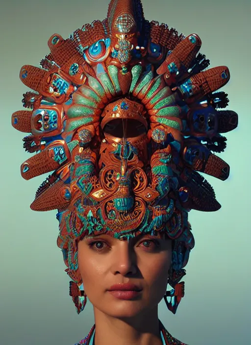Image similar to 3 d goddess close - up profile portrait. beautiful intricate highly detailed mexican bird helm and traditional mexican huipil. stingray, magpie, bio luminescent, plasma, lava, ice, water, wind, creature, artwork by tooth wu and wlop and beeple and greg rutkowski, octane 3 d render