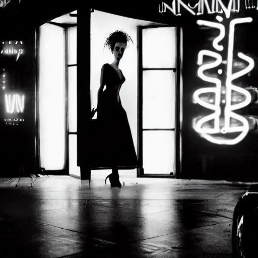 Image similar to cinematic portrait of bride of frankenstein as a replicant in a busy nightclub, frightened and angry, still from the movie ex machina, fashion photography, a neon sign is in the background