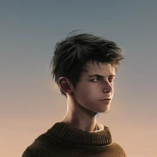 Image similar to portrait of a very masculine teenage girl with blue eyes and brown hair, short men's haircut, smiling, wearing an oversized sweater, dramatic lighting, illustration by Greg rutkowski, yoji shinkawa, 4k, digital art, concept art, trending on artstation