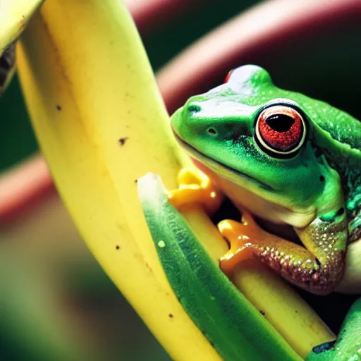 Image similar to A closeup film photography of a frog eating banana, photo by Louise Dahl-Wolfe, award winning, 4K