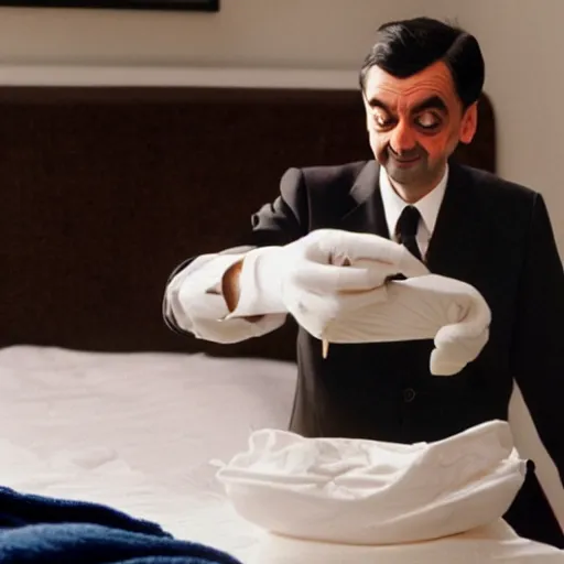 Image similar to mr. bean pouring beans on his bed