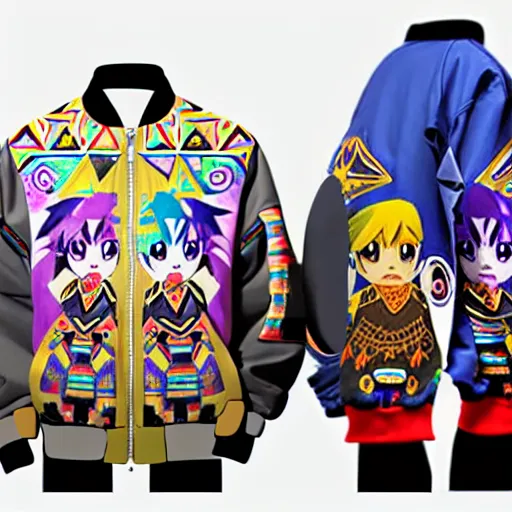 Image similar to majora majora's mask wearing oversized mayan bomber jacket with overalls, bulky poofy bomber jacket with mayan patterns, aztec street fashion, botw art style, gapmoe yandere grimdark, trending on pixiv fanbox, painted by greg rutkowski makoto shinkai takashi takeuchi studio ghibli, akihiko yoshida