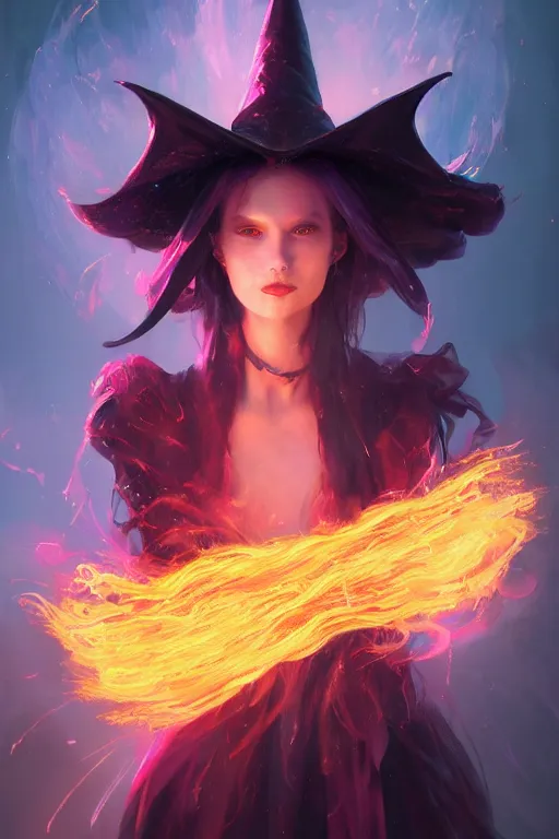 Image similar to a fancy portrait of a beautiful dark magician girl with a large witches hat covered in colourfull flames by Greg Rutkowski, Sung Choi, Mitchell Mohrhauser, Maciej Kuciara, Johnson Ting, Maxim Verehin, Peter Konig, final fantasy , mythical, 8k photorealistic, cinematic lighting, HD, high details, atmospheric,