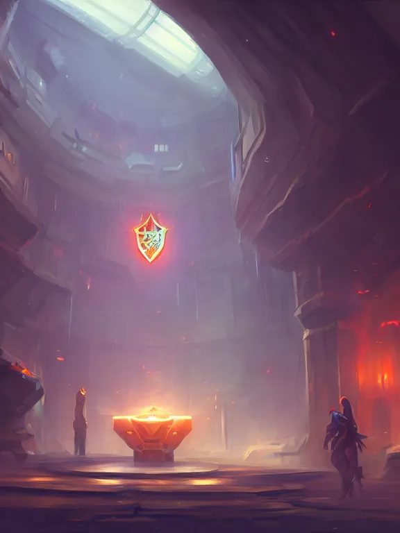 Image similar to sci fi environment concept art featuring a shield enchanted with energy, weapon shop interior, legendary item, shelf, fantasy, trending on artstation, stylistic, brush strokes, oil, canvas, by kawacy and makoto shinkai