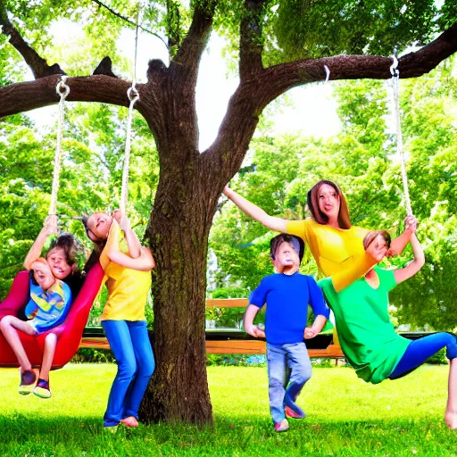 Prompt: family of circle shapes pushing kid on a tree swing, modern cartoon style, bold colors, indigo, mustardy yellow, pea green