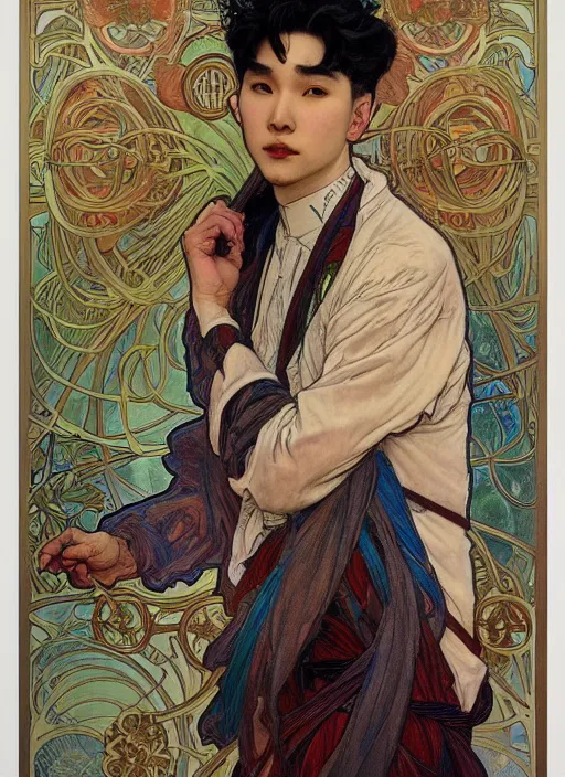 Prompt: cai xukun by james jean, manuel sanjulian, alphonse mucha