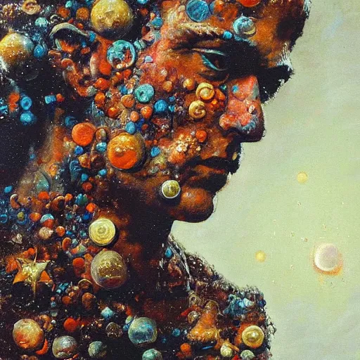 Prompt: a sculpture portrait made of stars and dust and molecules and atoms, painting part by wojciech siudmak, part by ilya repin, part by max ernst, part by norman rockwell, artstation