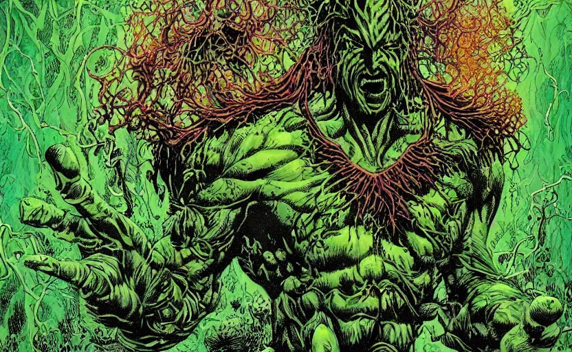 Image similar to a gorgeous hyper detailed semi symmetrical splash page DC comics color illustration of Swamp Thing going into the green having a transcendent psychedelic experience communicating with the elemental gods by John Totleben