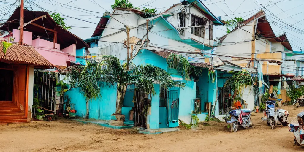 Prompt: street photo view of local sea side house in thailand