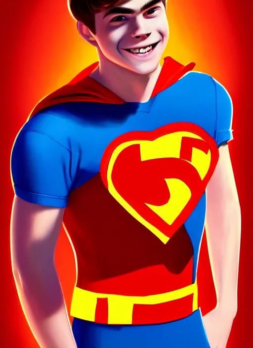 Image similar to friendly teenage archie andrews wearing an orange superhero costume with heart logo, heart, freckles, blue cape, heart emblem on chest, blue cape, intricate, elegant, glowing lights, highly detailed, digital painting, artstation, sharp focus, illustration, art by wlop, mars ravelo and greg rutkowski