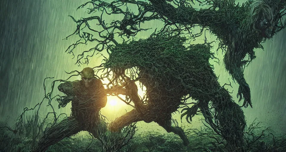 Image similar to Marvel Comics Man Thing Battles DC Comics Swamp Thing In A Misty Swamp, bats, sunset, volumetric lighting, hyperrealistic, beautiful details, HDR, octane render, action shot, wide angle, bokeh, Yasushi Niarasawa Moebius Jim Steranko Style