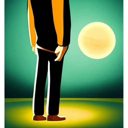 Prompt: a fearful man standing with the world in his pockets and the sun above his head