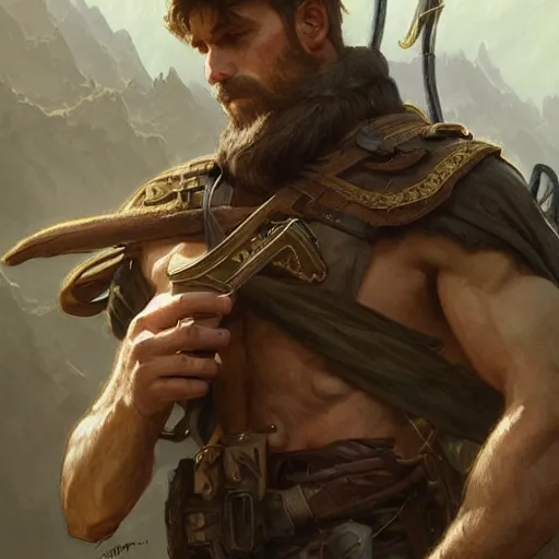 Image similar to portrait of rugged male ranger d & d muscular fantasy intricate elegant highly detailed digital painting artstation concept art smooth sharp focus illustration art by artgerm and greg rutkowski and alphonse mucha