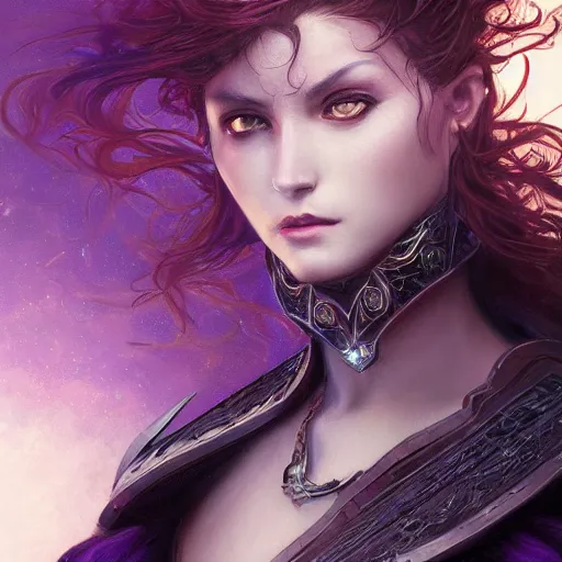 Image similar to masterpiece digital painting of a beautiful woman knight portrait, centered, heavy black obsidian armor, chaotic ruby inlays, large cape, by kev walker and greg rutkowski and mucha and luis royo, atmospheric fog effects background, purple sparkles, artstation, deviantart, closer view, cinematic lights