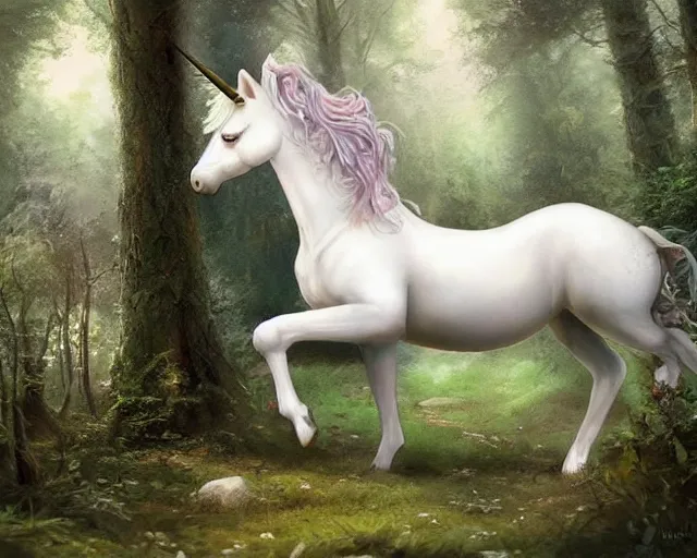 Prompt: fine art painting of a unicorn in a magical forest, artstation, cgsociety, very detailed, intricate