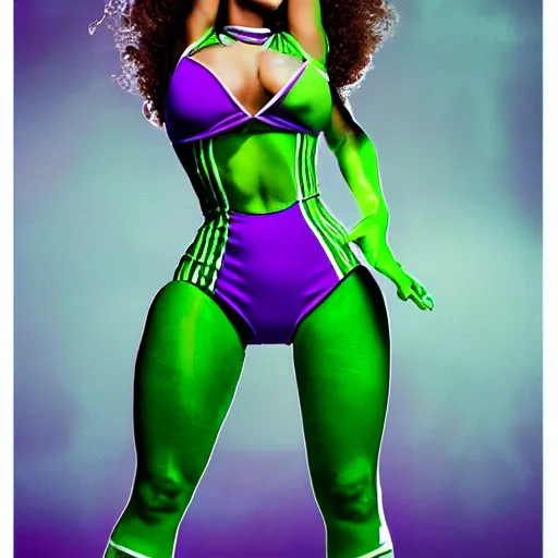 Image similar to Singer Beyoncé as She-Hulk with green skin, white leotard with two purple vertical stripes, green skinned, wearing purple and white fingerless gloves, wearing purple and white sneakers, mini skirt, smiling, photorealistic, sports illustrated, detailed legs, hyperreal, surreal, bokeh, tilt shift photography, green arms, green legs, green face,