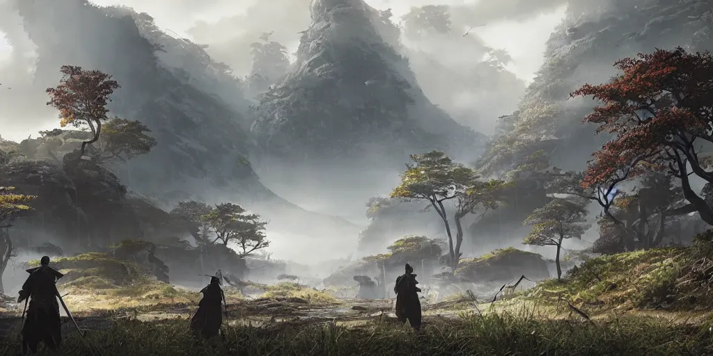 Image similar to an environmental concept art of ghost of tsushima, highly detailed, environmental light, cinematic by francis tneh