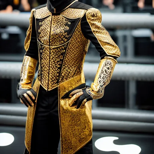 Image similar to High angle shot of Austin Butler dressed in futuristic-baroque duelist-garb and carbon-armor, standing in an arena, XF IQ4, f/1.4, ISO 200, 1/160s, 8K, RAW, unedited, symmetrical balance, face in-frame