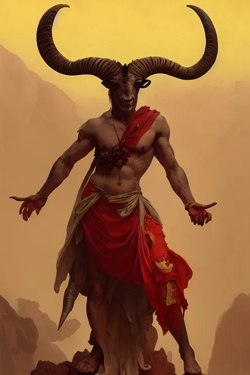 Prompt: portrait of a beautiful young fit male demon with ram horns, goat head, fluent dress on legs, by greg rutkowski and alphonse mucha, d & d character, gradient red to yellow, in front of an hellish landscape background, highly detailed portrait, digital painting, artstation, concept art, smooth, sharp focus ilustration, artstation hq