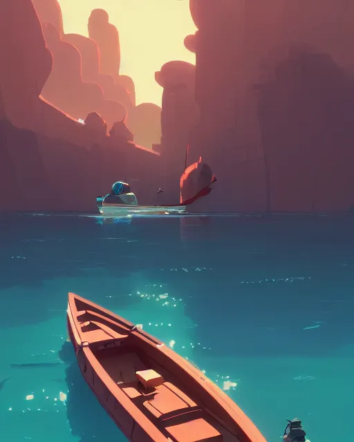 Image similar to a boat made of red stone, deep water, cory loftis, james gilleard, atey ghailan, makoto shinkai, goro fujita, studio ghibli, rim light, exquisite lighting, clear focus, very coherent, plain background, soft painting