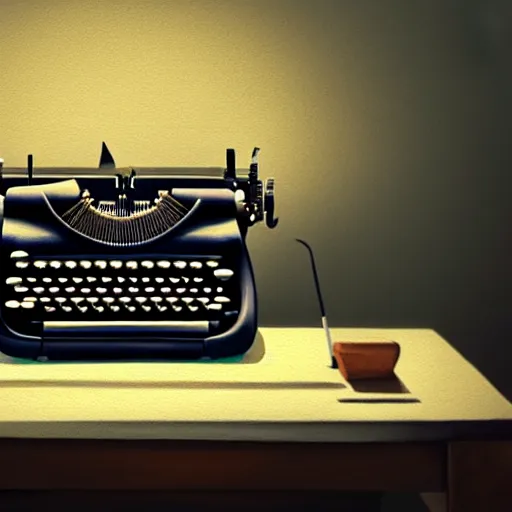 Image similar to painting of a typewriter on a desk in a dimly lit room, volumetric lighting, style of greg rutkowski