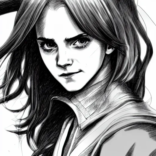 Image similar to a very detailed pencil drawing of emma watson in demon slayer manga panel 4 k, high resolution, still, landscape, hd, dslr, hyper realistic, manga, beautiful