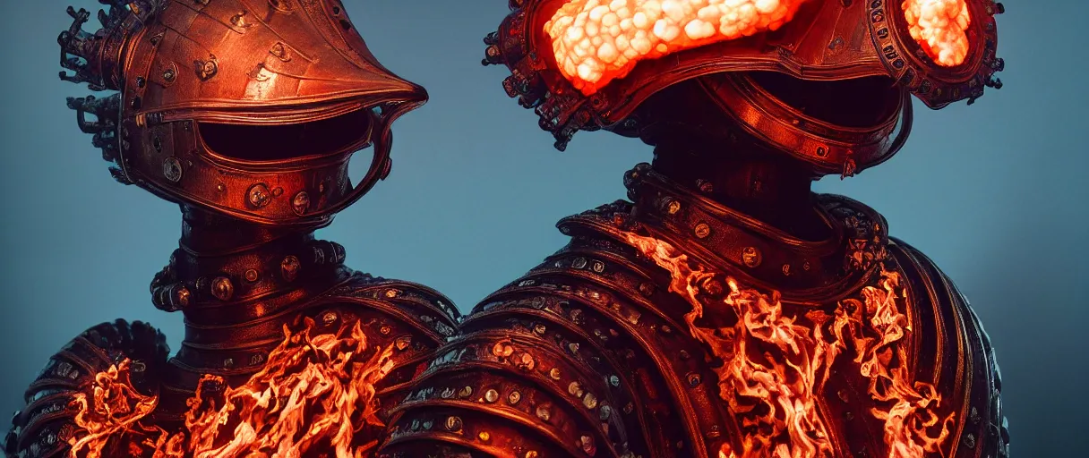 Image similar to hyperrealist highly detailed english medieval portrait of high fashion monster wearing flame fire smoke flame armor, radiating atomic neon corals, concept art pascal blanche dramatic studio lighting 8k wide angle shallow depth of field