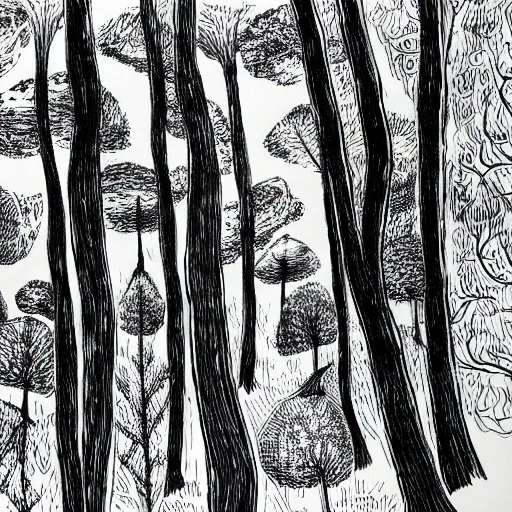 Prompt: tree forest illustration, black ink on white paper, sketched 4k