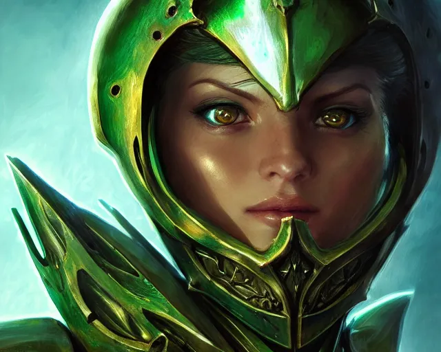 Prompt: extreme close up portrait of a aeldari in wraithbone armor, bottom up green lighting, stoic, poised, deep focus, d & d, fantasy, intricate, highly detailed, digital painting, artstation, concept art, matte, sharp focus, illustration, hearthstone, art by artgerm and greg rutkowski and alphonse mucha