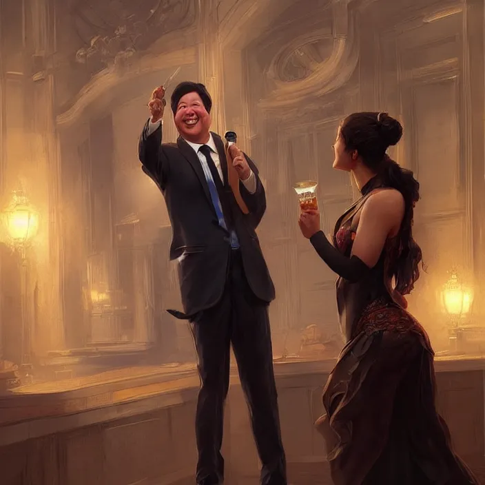 Image similar to michael mcintyre flirting with a singing waitress, elegant, real life skin, intricate artwork, high detailed, artstation, concept art, smooth, sharp focus, art by artgerm and greg rutkowski