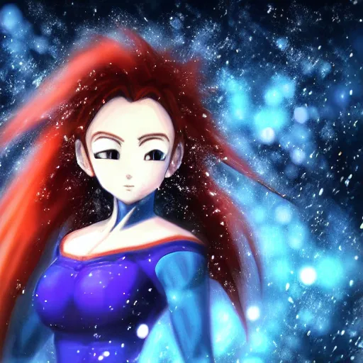 Image similar to portrait focus of Super Saiyan beautiful 3D anime gir!! frozen ice !! dark forest background, snowing, bokeh, inspired by Masami Kurumada, digital painting, high contrast, unreal engine render, volumetric lighting, high détail