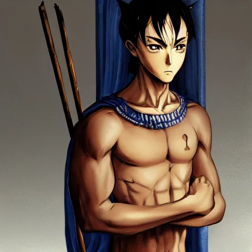 Image similar to A realistic anime portrait of a young handsome male with middle eastern skin wearing 1500 BCE clothing, wooden rod, colored, digital painting, by Frank Frazetta and Yusuke Murata, concept art, highly detailed, promotional art, HD, digital painting, trending on ArtStation, golden ratio, rule of thirds