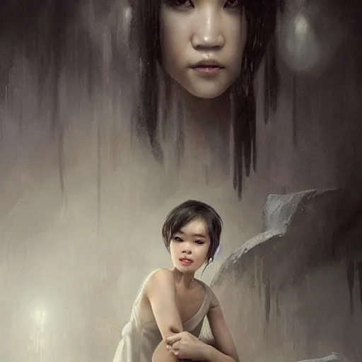 Prompt: like dust, magic gathers in overlooked places, photorealistic portrait of yuja wang in style of tom bagshaw and greg rutkowski. absolutely stunning!, sitting on the palace stairs, symmetrical perfect face, porcelain skin, ultra - detailed, digital art, 8 k