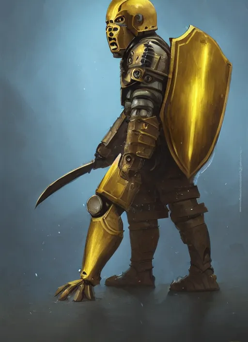Image similar to dynamic portrait of a warforged character in yellow armor holding a paladin engraved longsword and carrying a big shield, epic , trending on ArtStation, cinematic lighting, by Greg Rutkowski and Jesper Ejsing