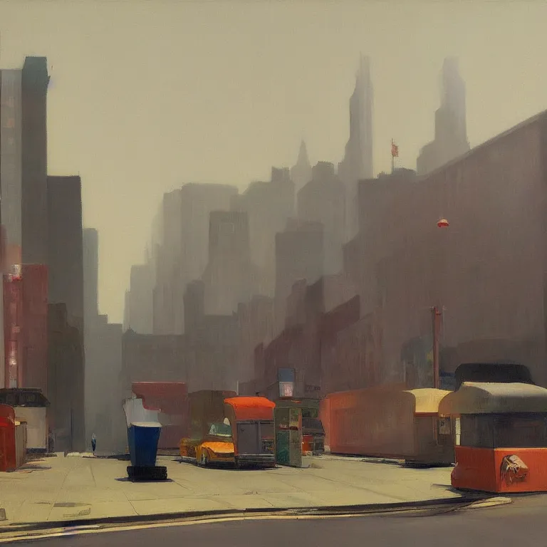 Image similar to trash flowing everywhere, piles of trash, fog, early morning, , painted by Edward Hopper, painted by Wayne Barlow, airbrush