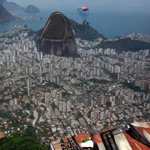 Image similar to view while parachuting down towards the slums of Rio, highly detailed, realistic