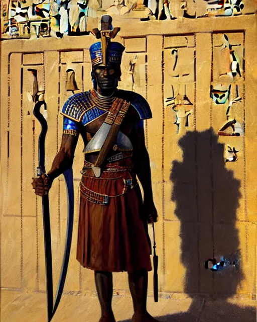 Prompt: oil - painting portrait of ancient nubian temple guard, armed with a long curved sword, dressed in leather and robes, standing guard of an old egyptian temple gate, art by craig mullins and anders zorn