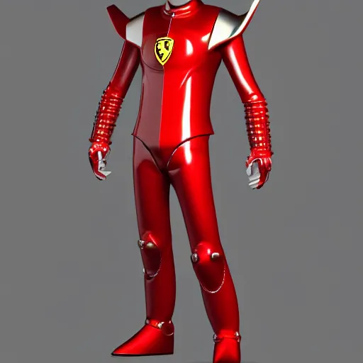 Image similar to Tokusatsu character based on Ferrari, red mechanical skinny body, chest plate with Ferrari logo, stylized motorcycle helmet, full body, unreal engine, 3D model