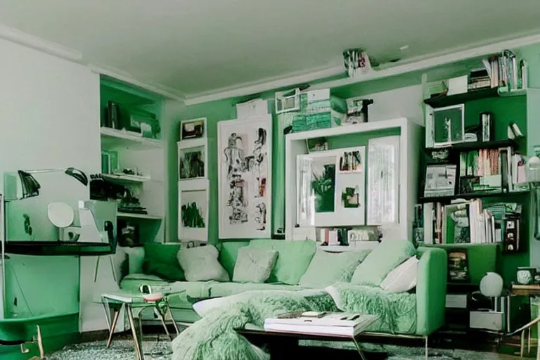 Image similar to apartment organization inspo green and fluffy, in 2 0 5 5, y 2 k cybercore, low - light photography, bathed in the glow of a crt monitor, still from a wes anderson movie