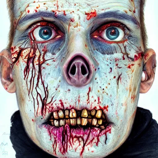 Image similar to Intricate five star Zombie Facial portrait by Anna Kullberg, Colored pencil on paper, high detail, skin texture, photo realistic, hyperrealism,matte finish, high contrast, 3d depth, masterpiece, vivid colors, artstationhd