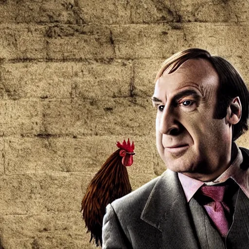 Image similar to saul goodman and a rooster in a medieval torture chamber, saw blades and knives in the background, horror movie, saul goodman, rooster, real life photo, detailed face