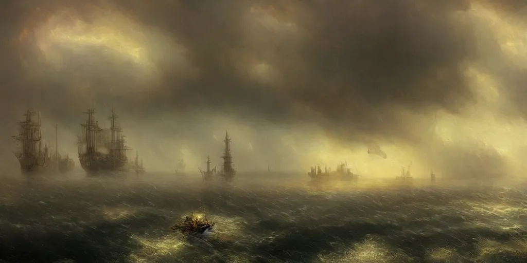 Image similar to A floating steampunk city above an ocean, rainy, turmoil, storm, extremely detailed digital matte painting inspired by Ivan Aivazovsky
