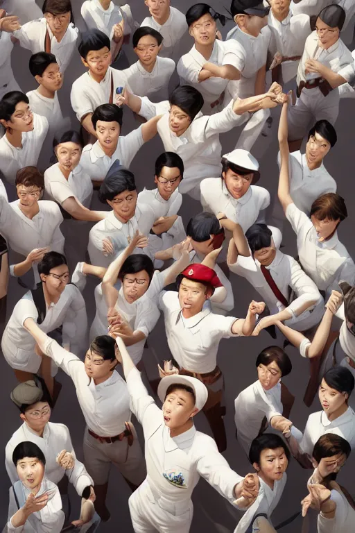 Prompt: top angle shot, wide lens of group of young asian student with white uniform pointing to the camera, octane render, photorealism, masterpiece painted by jc leyendecker, 8 k, high detail, fantasy art, dnd, artstation,