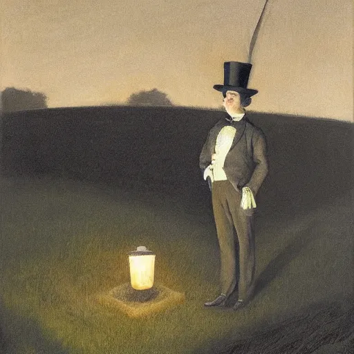 Prompt: Cemetary scene. Grasshopper wearing a top hat and tailcoat, carrying a lit oil lamp, nighttime, by Wyeth.