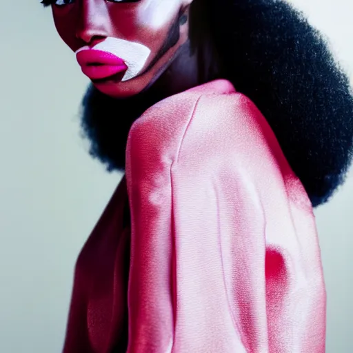 Image similar to realistic photoshooting for a new balenciaga lookbook, vhs colour photography, portrait of model Winnie Harlow woman, in style of Tyler Mitchell, 35mm,