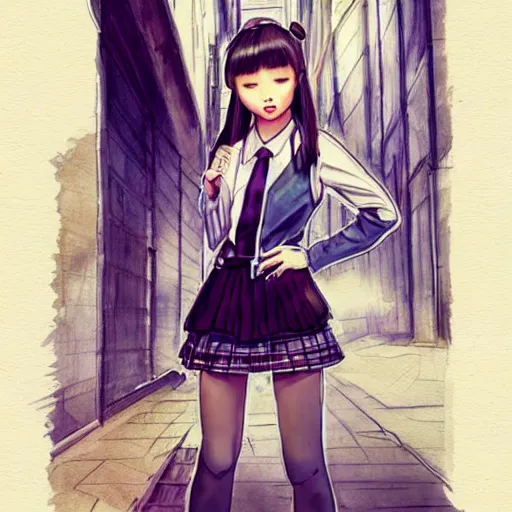 Image similar to a perfect, realistic professional digital sketch of a Japanese schoolgirl posing in a sci-fi alleyway, style of Marvel, full length, by pen and watercolor, by a professional American senior artist on ArtStation, a high-quality hollywood-style sketch, on high-quality paper